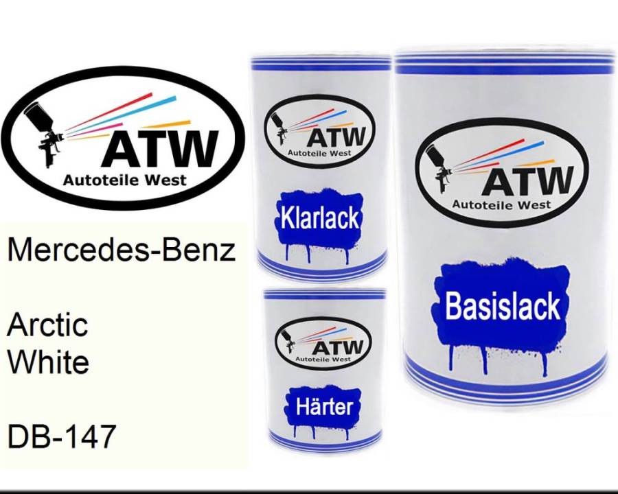 Mercedes-Benz, Arctic White, DB-147: 500ml Lackdose + 500ml Klarlack + 250ml Härter - Set, von ATW Autoteile West.